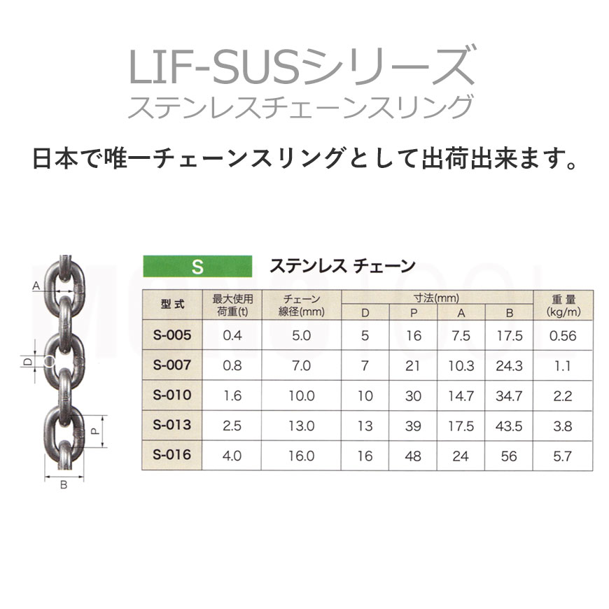 リフテック:ステンレス チェーン S-013 使用荷重2.5t チェーン線径13.0 