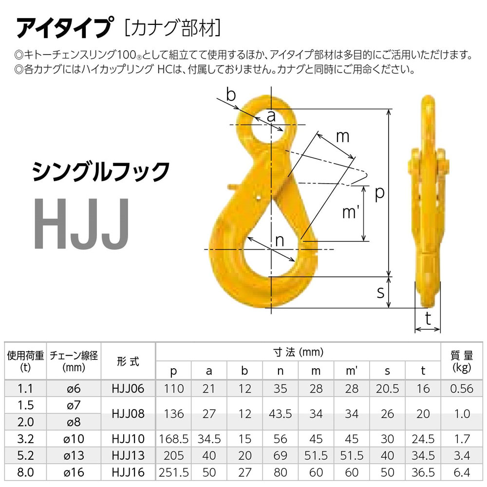 キトー HJ2060 シングルフックHJ チェンスリング（アイタイプ）チェーン径6mm 使用荷重1.1t HJ シングルフック 通販｜モノツール