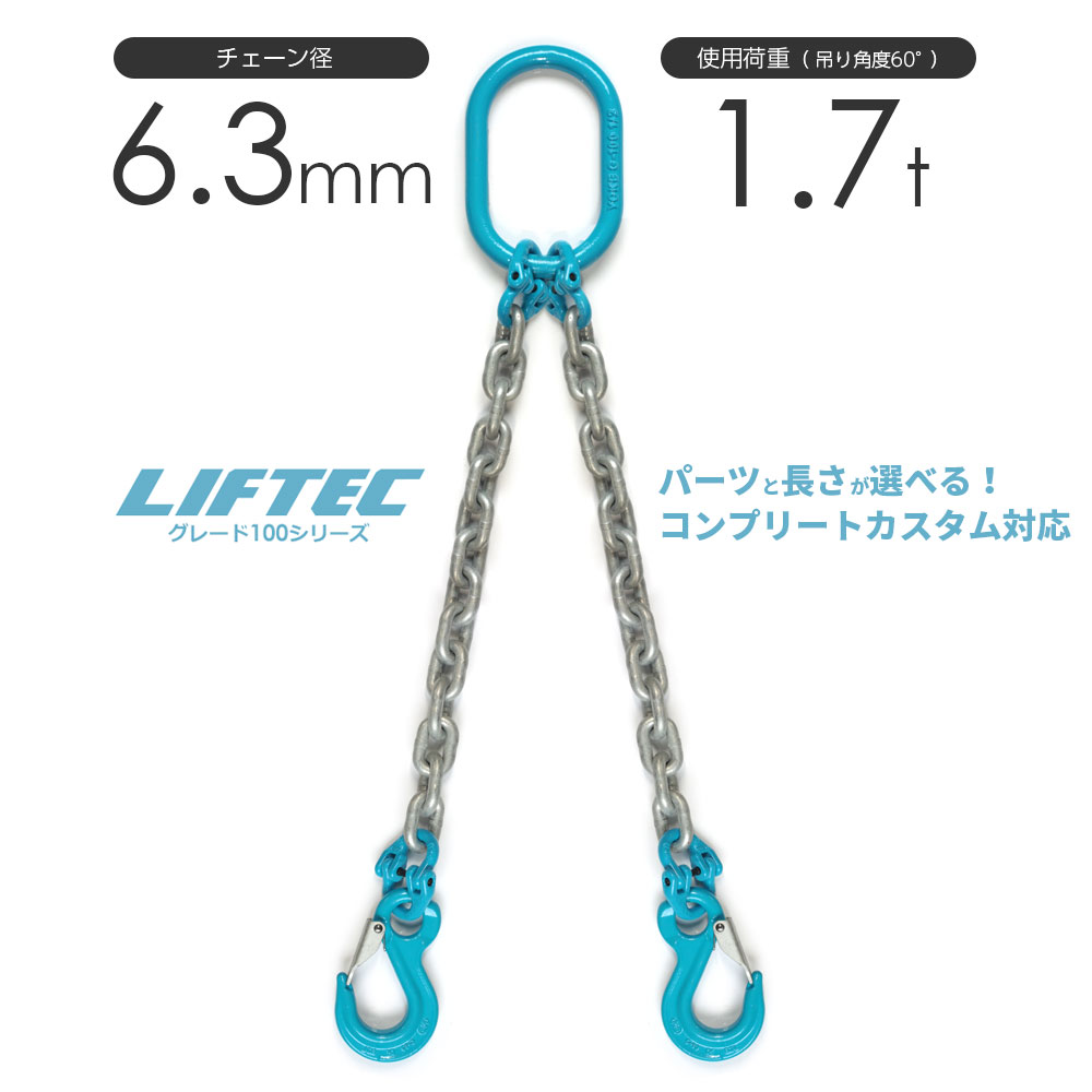 G100 LIFTEC カスタマイズ可能 チェーンスリング 2本吊り 使用荷重:1.7t 6.3mm リフテック