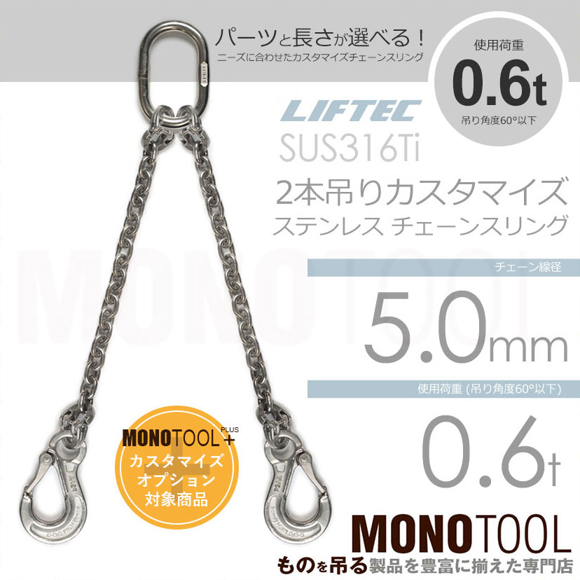 LIFTEC カスタマイズ可能 ステンレスチェーンスリング 2本吊り 使用荷重:0.6t 5mm リフテック リフテック(SUS) 通販｜モノツール