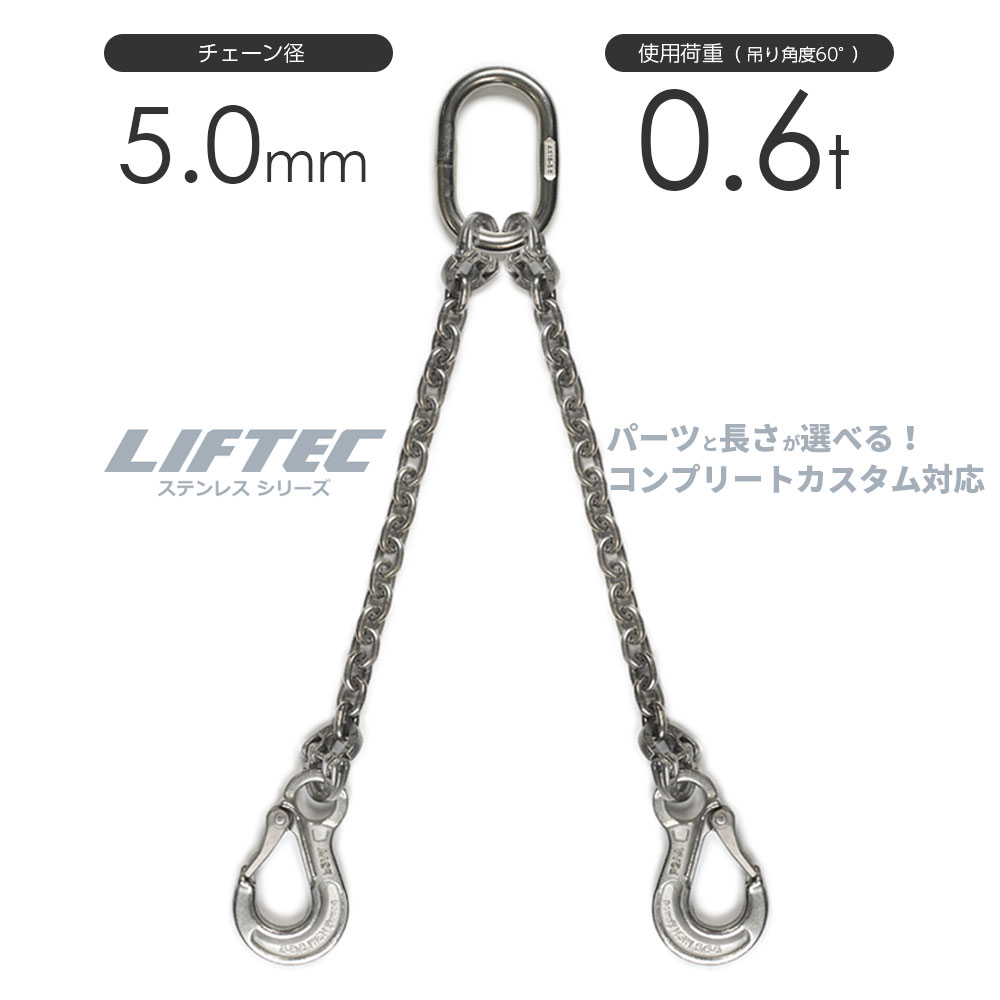 LIFTEC カスタマイズ可能 ステンレスチェーンスリング 2本吊り 使用荷重:0.6t 5mm リフテック