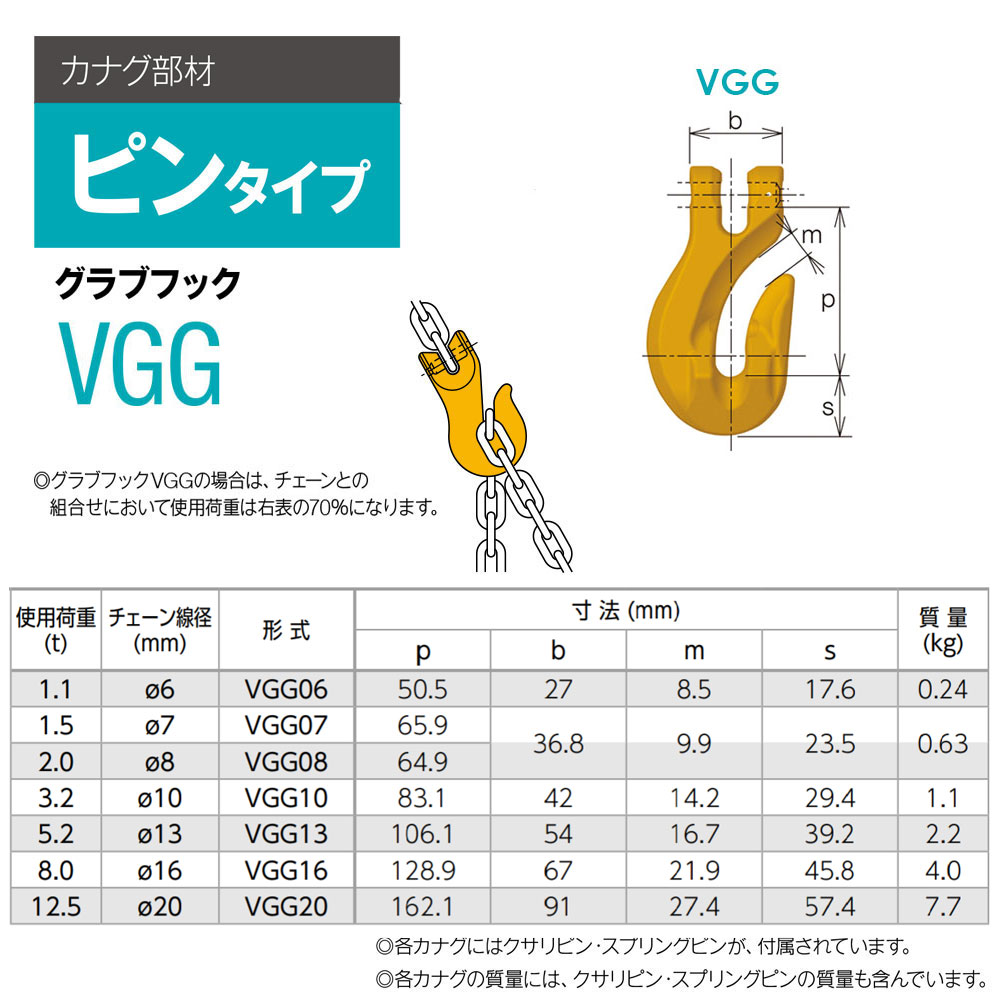 キトー VGG07 ※旧VG2070 グラブフックVG チェンスリング（ピンタイプ）チェーン径7mm 使用荷重1.5t VG グラブフック  通販｜モノツール